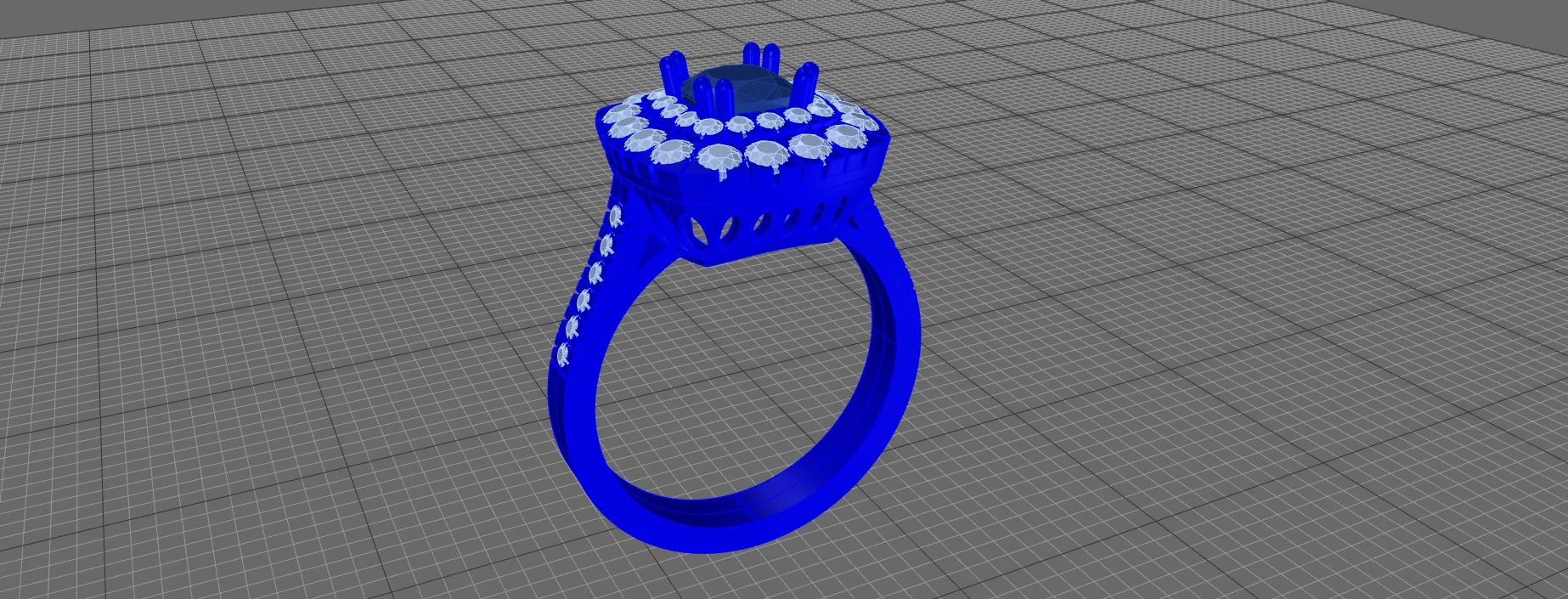 Modello 3D CAD di anello artigianale con pietra centrale e incastonatura di diamanti
