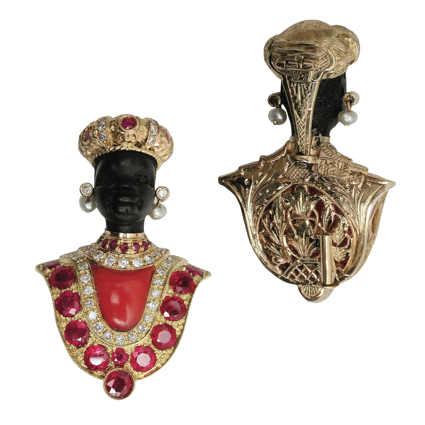 Spilla gioiello artistica in oro con rubini, diamanti e perle vista fronte e retro