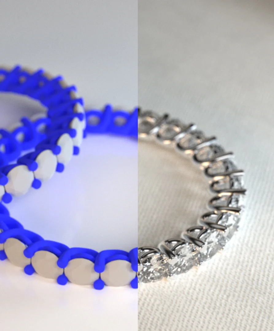 Confronto tra modello 3D di un anello e anello con diamanti realizzato a mano